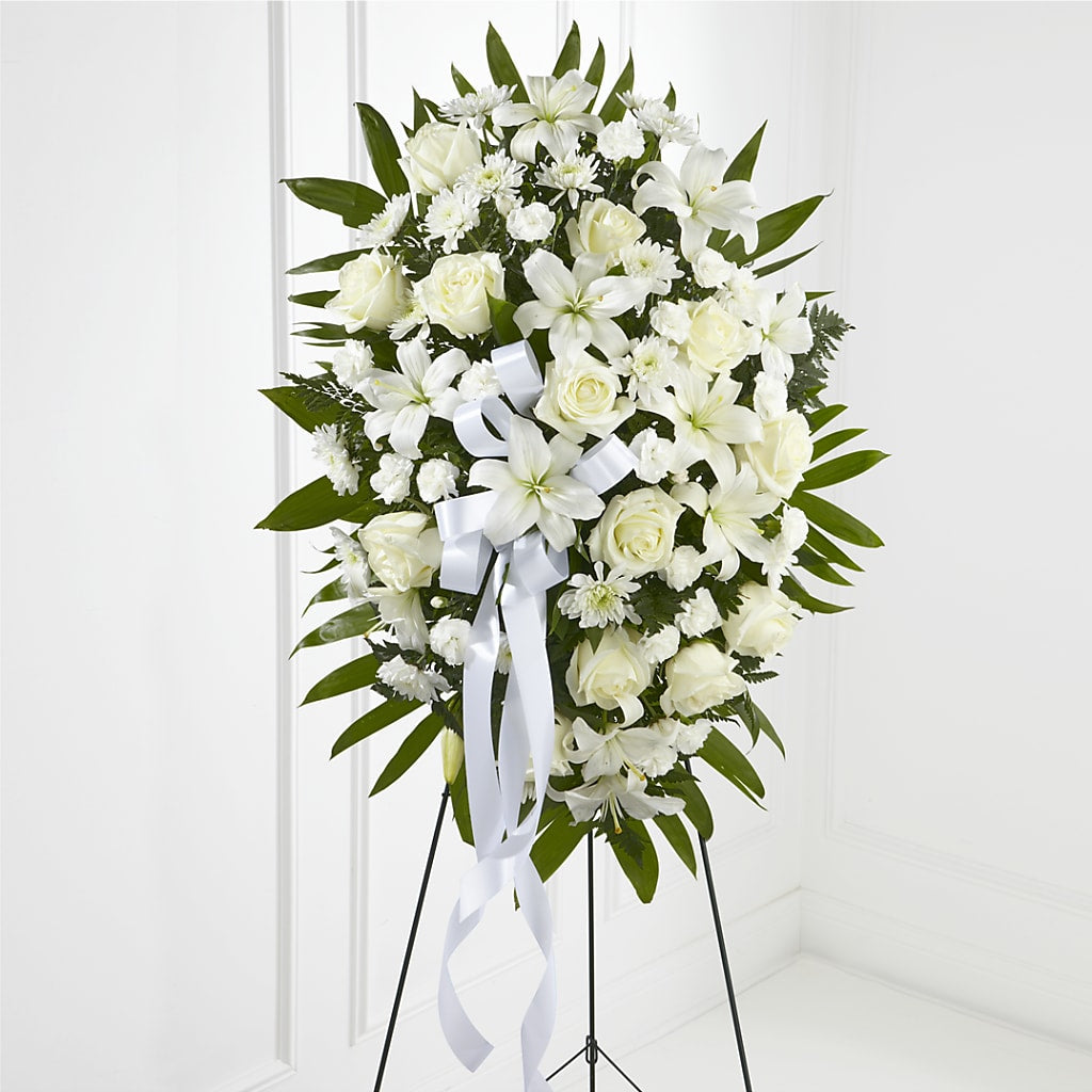 Exquisite Tribute Standing Spray-White Ribbon – Citiflowers, Silver Spring MD